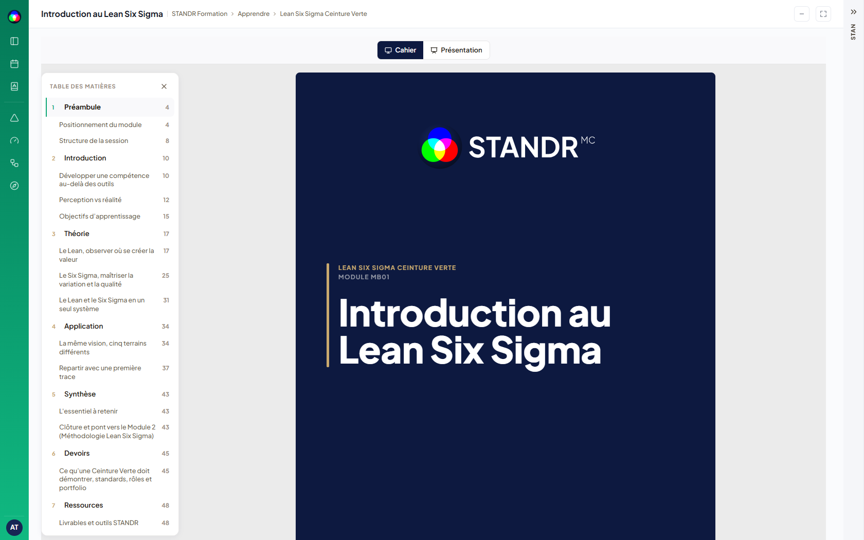 Module de formation Lean Six Sigma, table des matieres et page couverture